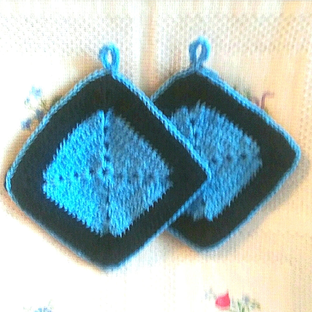 Blue Black Handmade Crocheted Potholders Large
